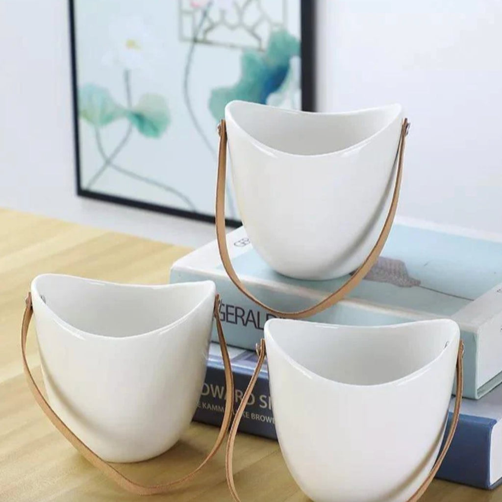 Ceramic Hanging Planters 3-Piece Set — Leather Straps & Brass Pins, Indoor/Outdoor