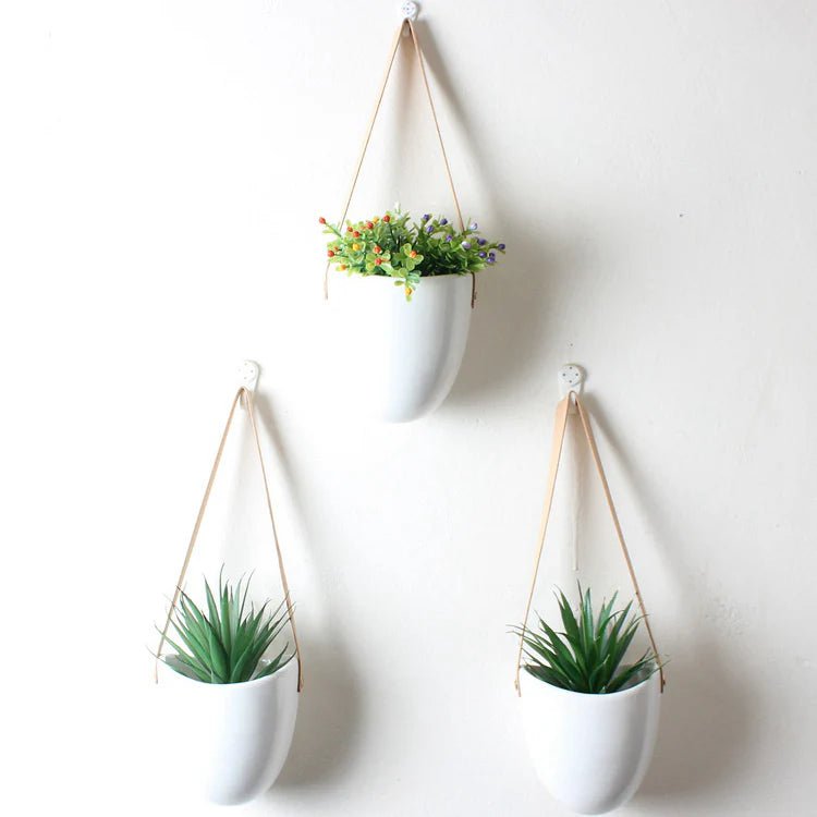 Ceramic Hanging Planters 3-Piece Set — Leather Straps & Brass Pins, Indoor/Outdoor