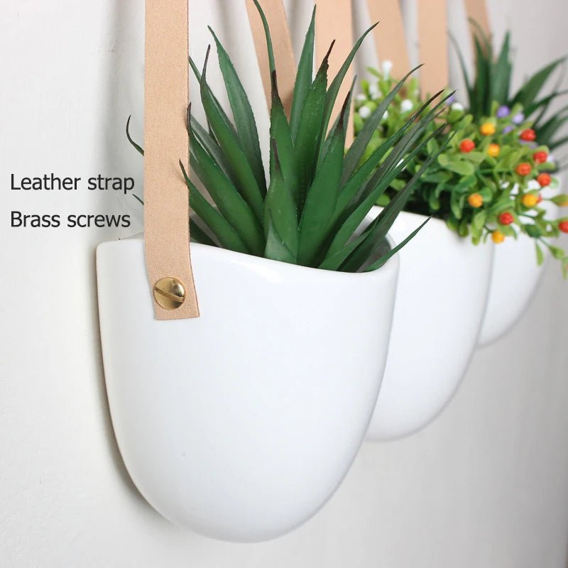 Ceramic Hanging Planters 3-Piece Set — Leather Straps & Brass Pins, Indoor/Outdoor