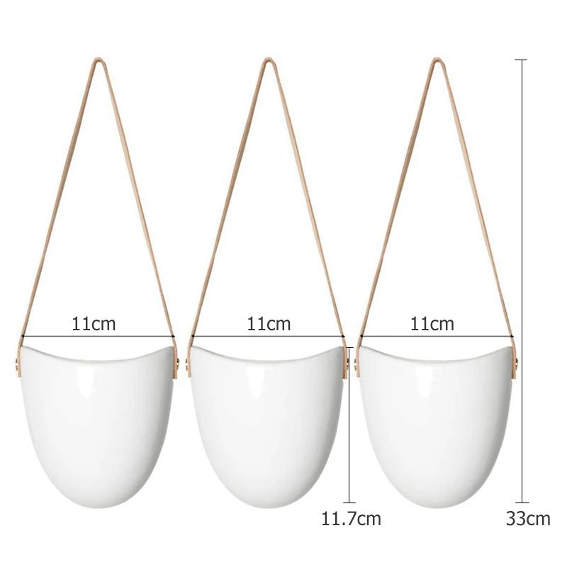 Ceramic Hanging Planters 3-Piece Set — Leather Straps & Brass Pins, Indoor/Outdoor