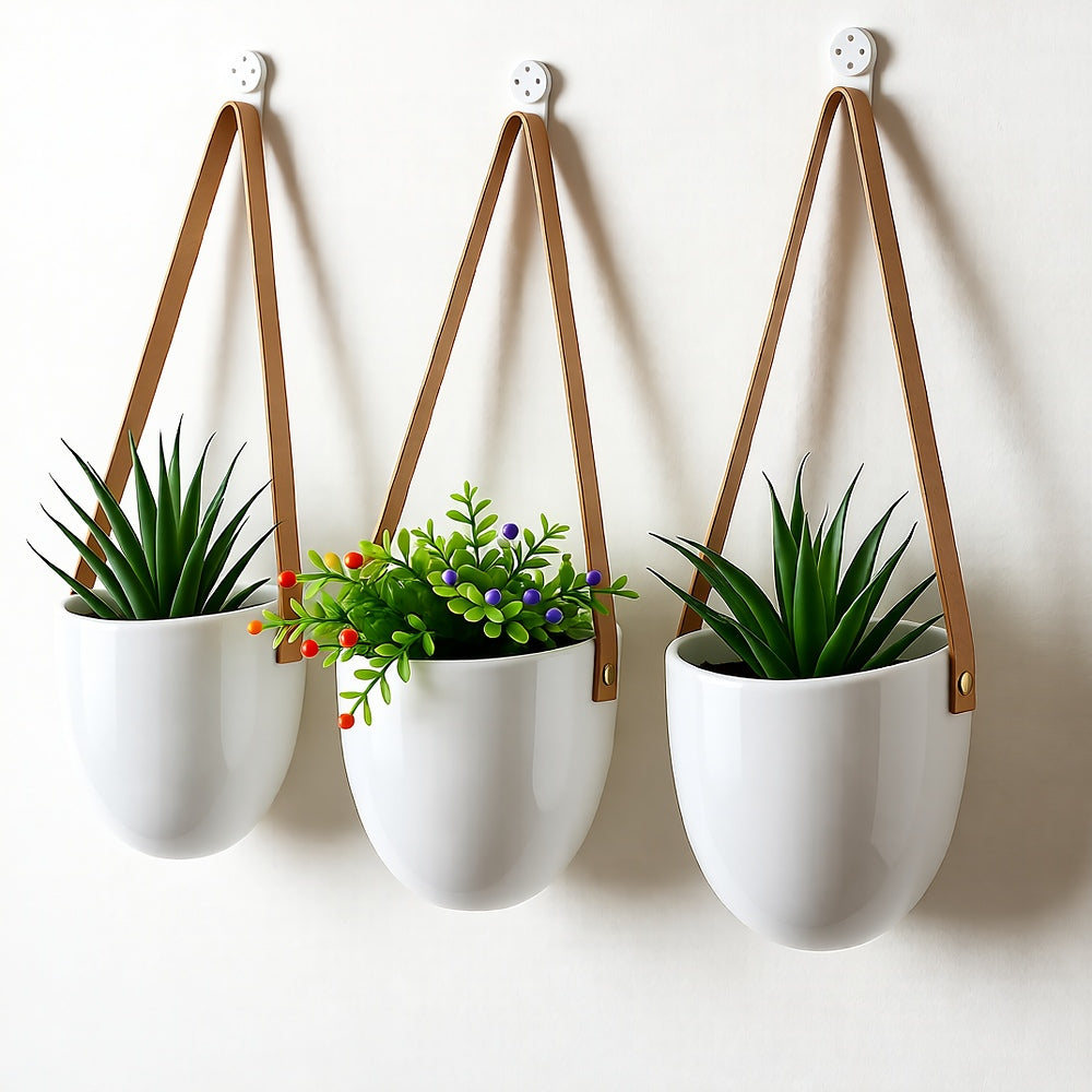 Ceramic Hanging Planters 3-Piece Set — Leather Straps & Brass Pins, Indoor/Outdoor