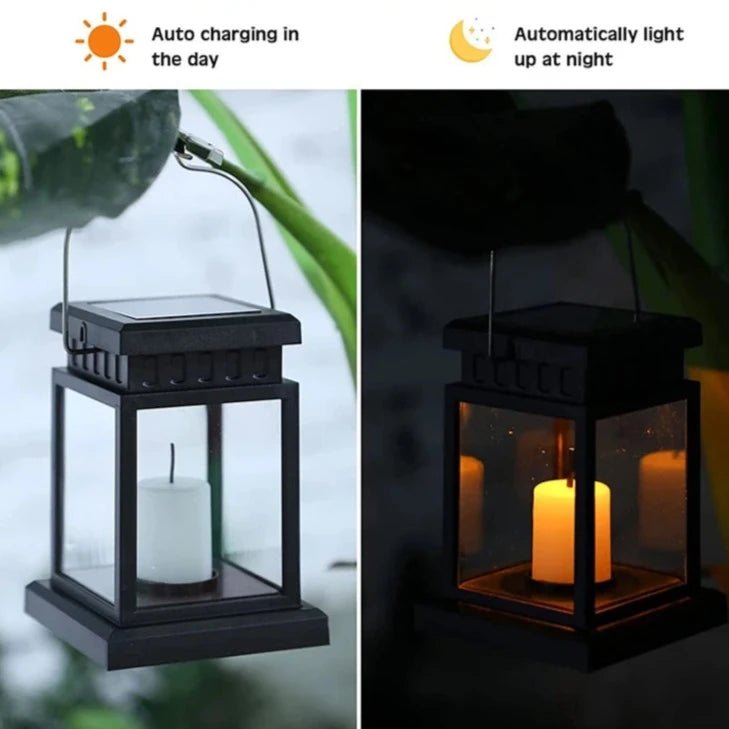 Solar Candle Lantern — Flickering Flameless LED, Dusk-to-Dawn, IP65, Hang or Tabletop