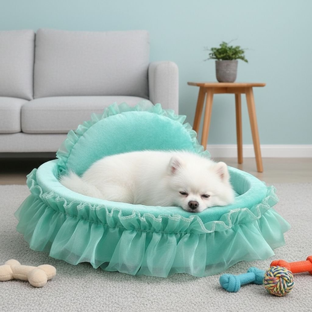 Bella Ruffled Pet Bed — Plush with Curved Backrest & Ruffle Trim, S & L