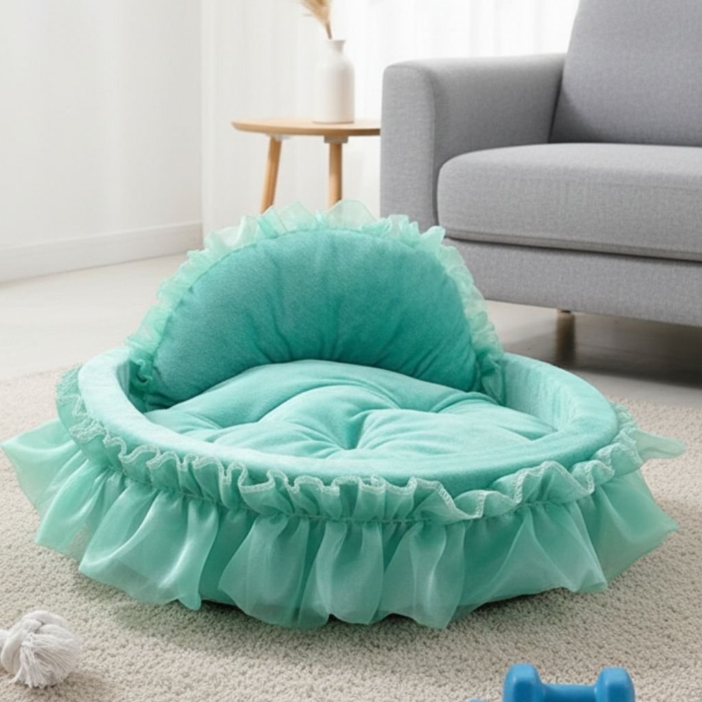 Bella Ruffled Pet Bed — Plush with Curved Backrest & Ruffle Trim, S & L