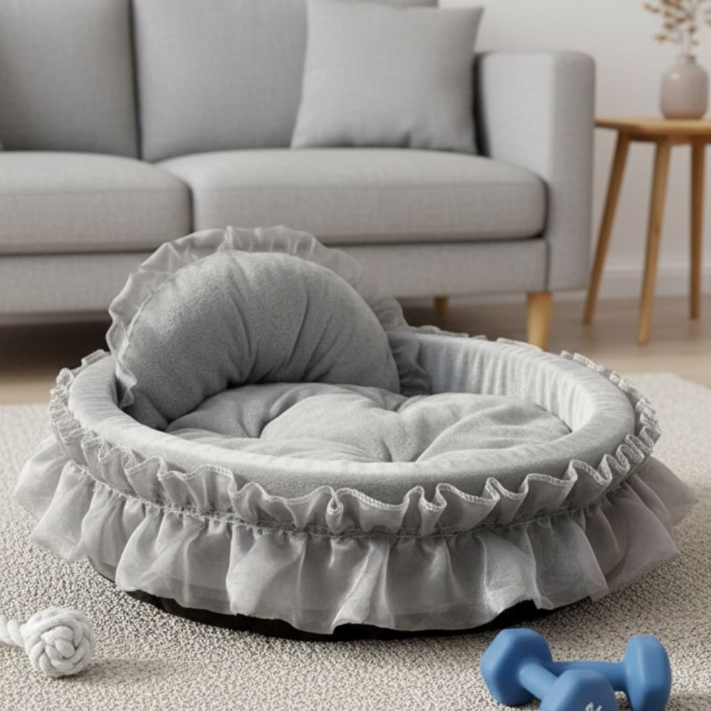 Bella Ruffled Pet Bed — Plush with Curved Backrest & Ruffle Trim, S & L