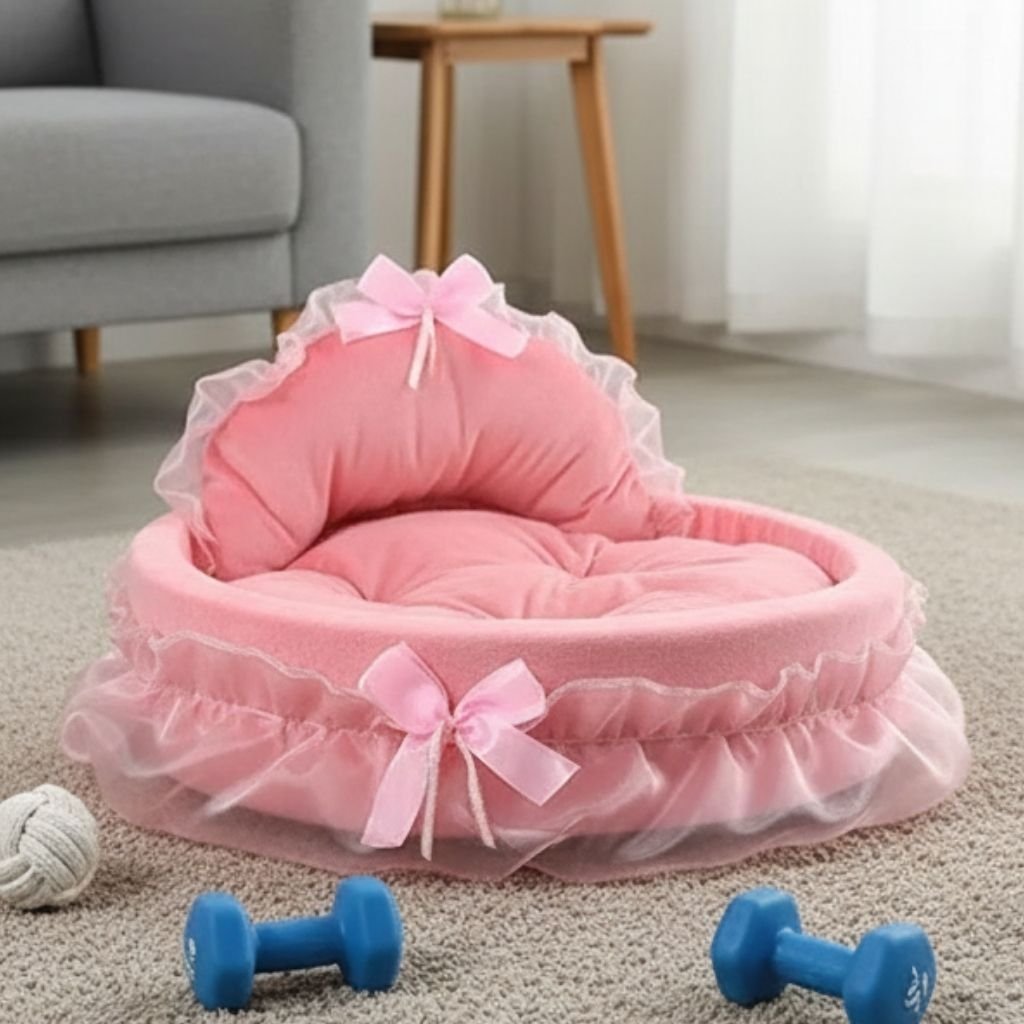 Bella Ruffled Pet Bed — Plush with Curved Backrest & Ruffle Trim, S & L