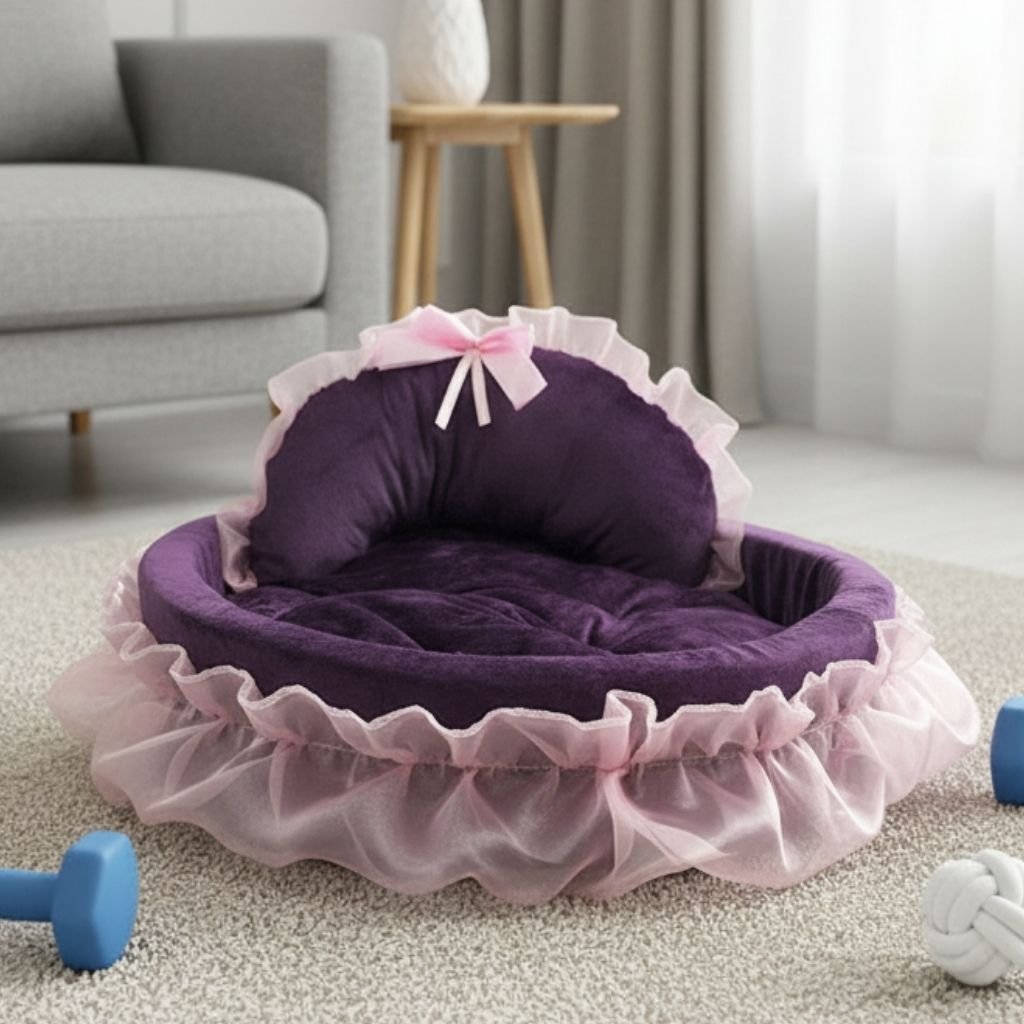 Bella Ruffled Pet Bed — Plush with Curved Backrest & Ruffle Trim, S & L