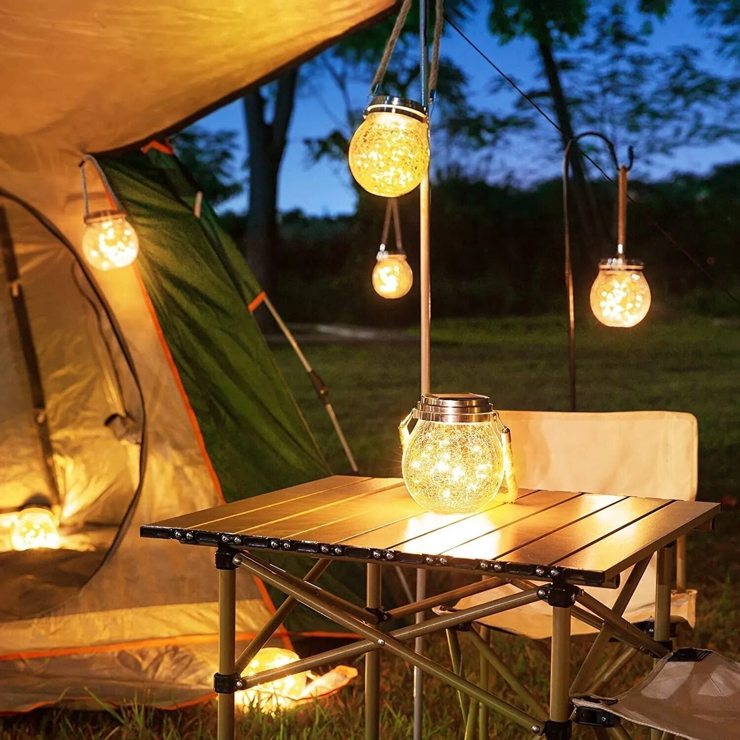 Solar Crackled Glass Globe Lantern — Warm LED with Hemp Rope Accent, Dusk-to-Dawn, IP65