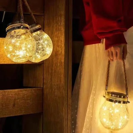 Solar Crackled Glass Globe Lantern — Warm LED with Hemp Rope Accent, Dusk-to-Dawn, IP65