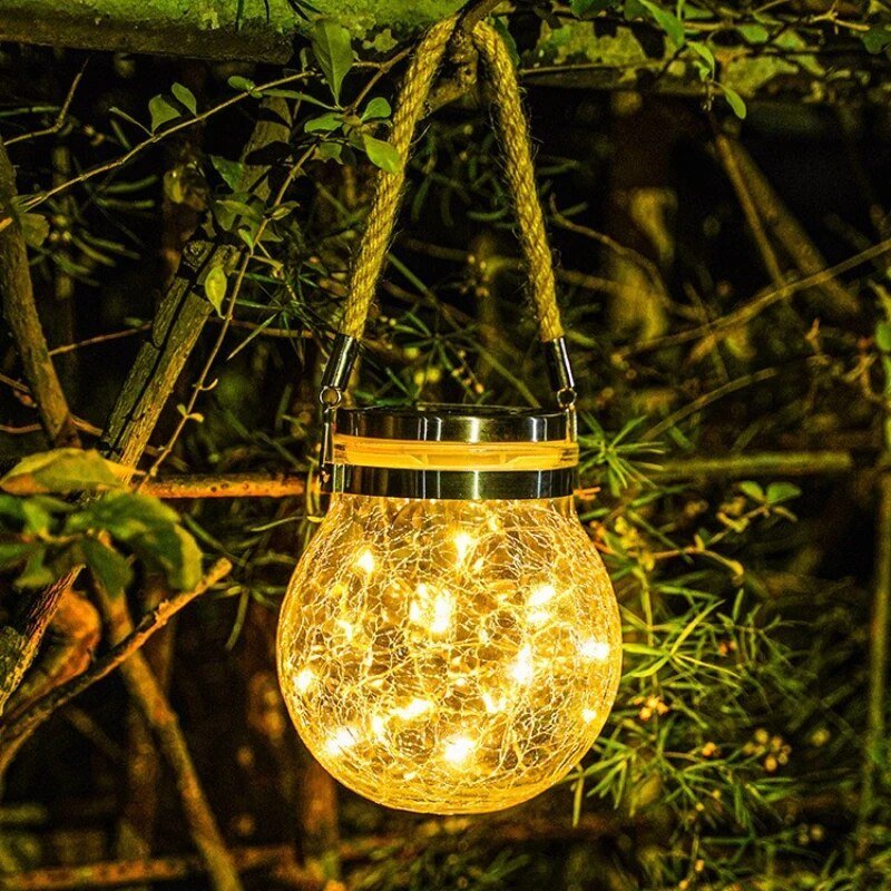 Solar Crackled Glass Globe Lantern — Warm LED with Hemp Rope Accent, Dusk-to-Dawn, IP65