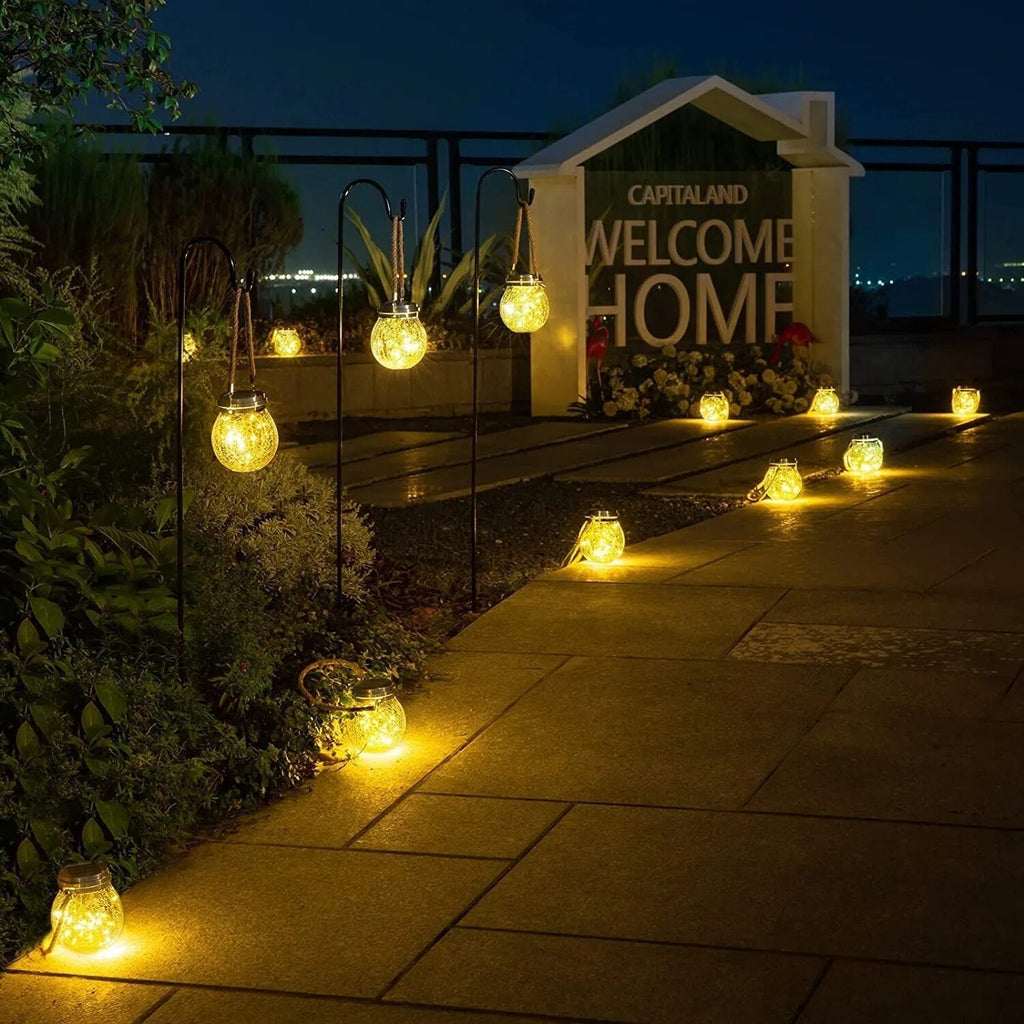 Solar Crackled Glass Globe Lantern — Warm LED with Hemp Rope Accent, Dusk-to-Dawn, IP65