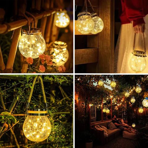 Solar Crackled Glass Globe Lantern — Warm LED with Hemp Rope Accent, Dusk-to-Dawn, IP65