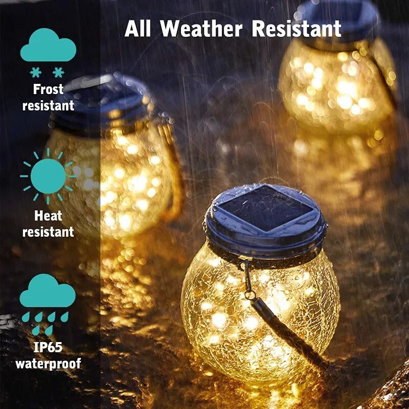 Solar Crackled Glass Globe Lantern — Warm LED with Hemp Rope Accent, Dusk-to-Dawn, IP65