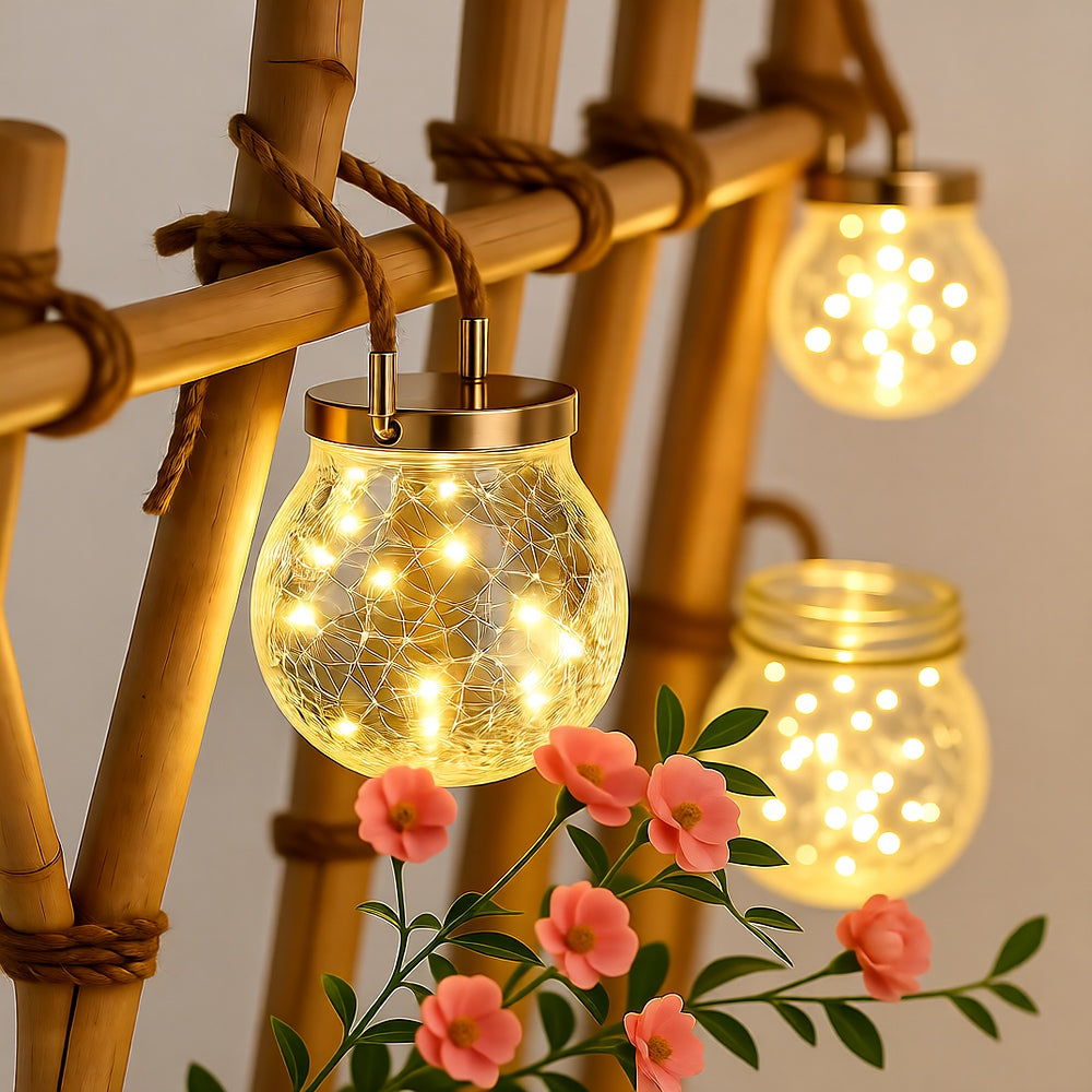 Solar Crackled Glass Globe Lantern — Warm LED with Hemp Rope Accent, Dusk-to-Dawn, IP65