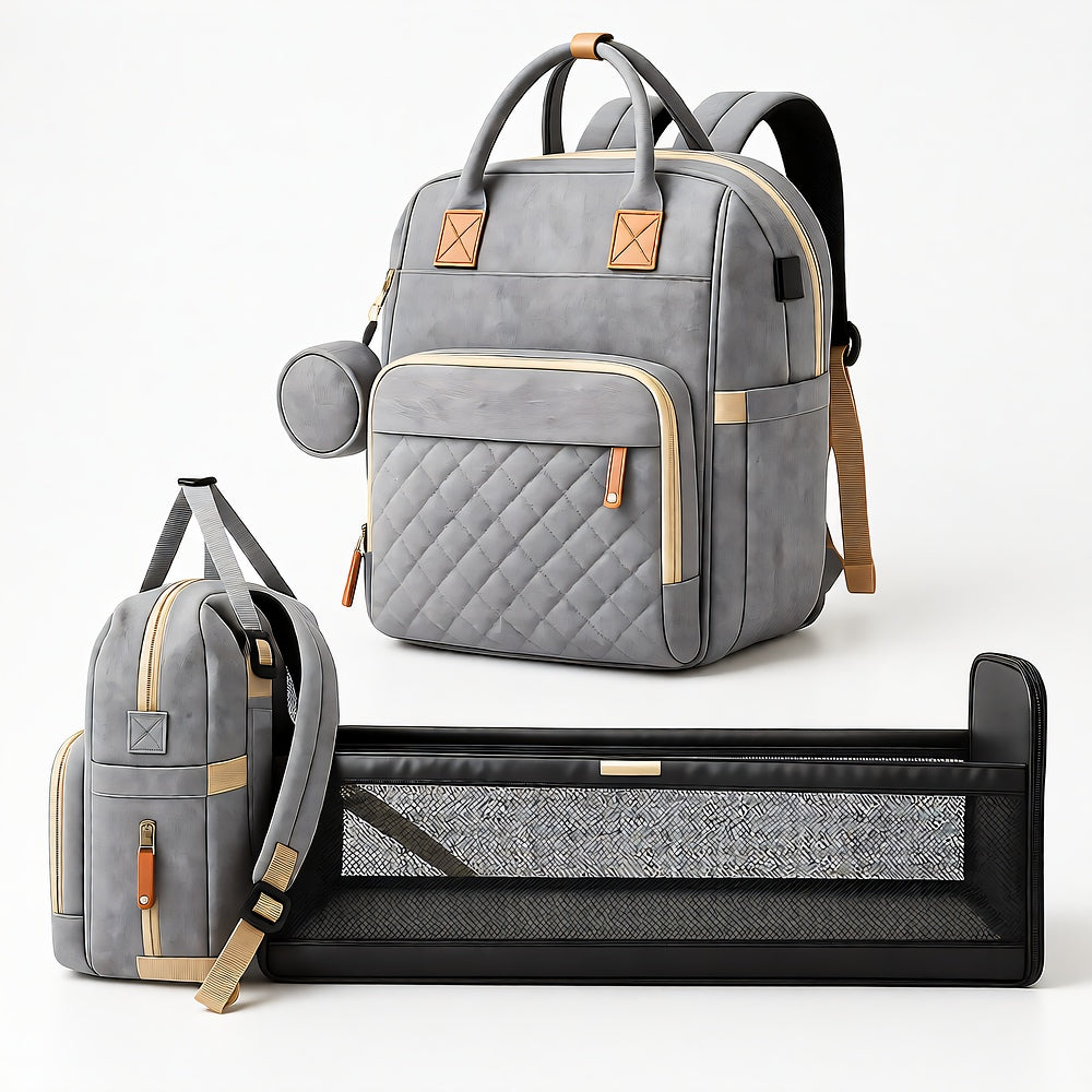 3-in-1 Diaper Bag Backpack with Fold-Out Changing Station, Waterproof Nylon, Includes Mattress