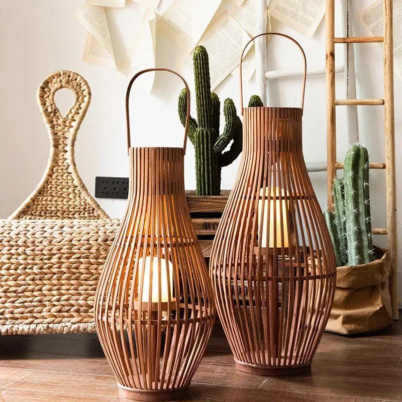 Flameless Candlestick Floor Lantern — Tall Natural Bamboo Frame with Flickering LED Look