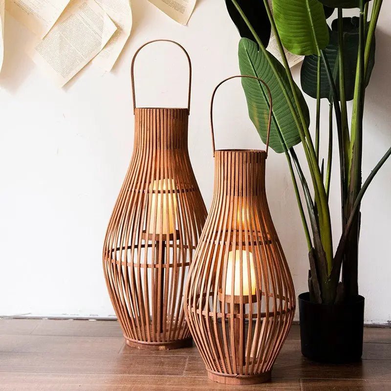 Flameless Candlestick Floor Lantern — Tall Natural Bamboo Frame with Flickering LED Look