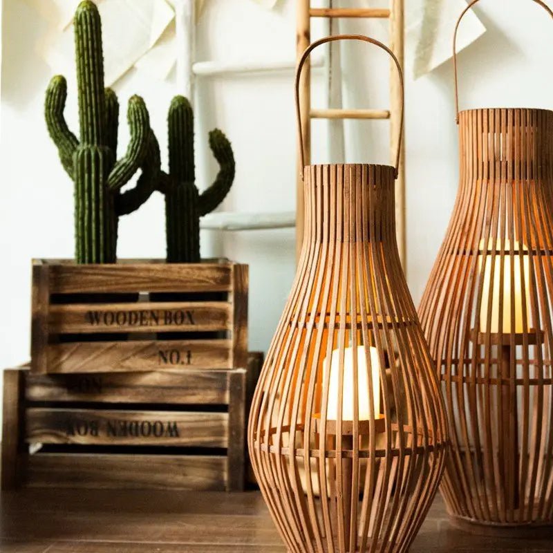 Flameless Candlestick Floor Lantern — Tall Natural Bamboo Frame with Flickering LED Look
