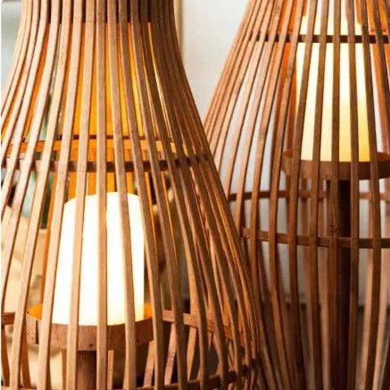 Flameless Candlestick Floor Lantern — Tall Natural Bamboo Frame with Flickering LED Look