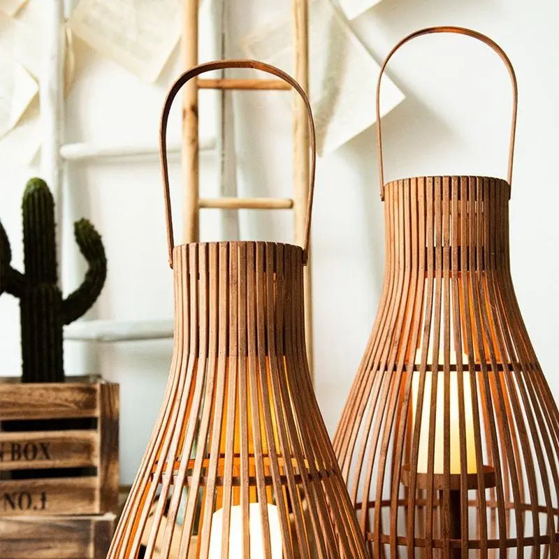 Flameless Candlestick Floor Lantern — Tall Natural Bamboo Frame with Flickering LED Look