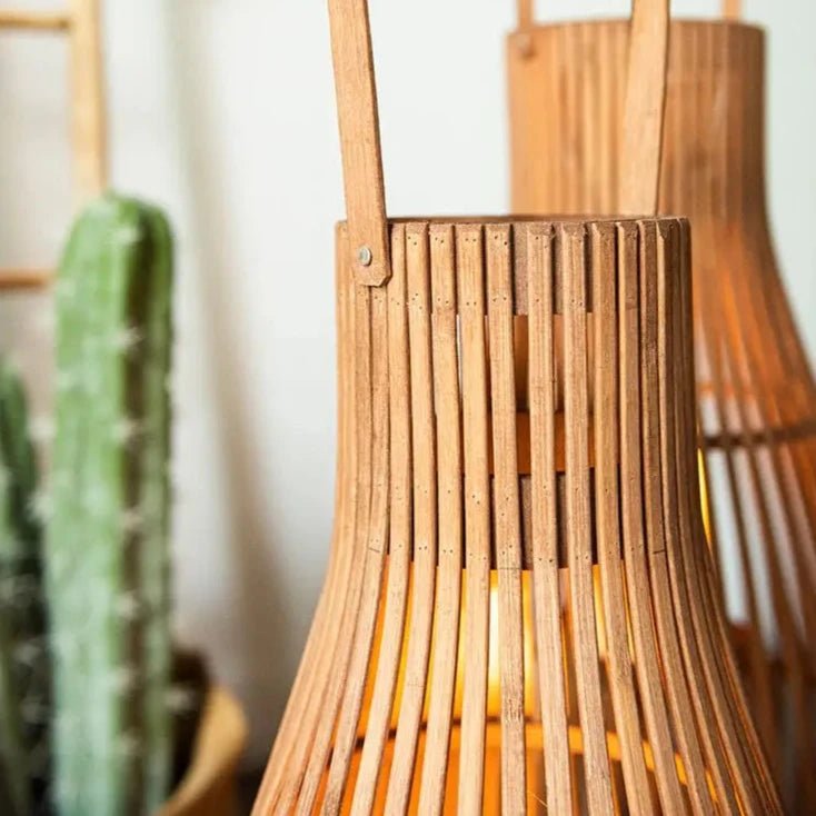 Flameless Candlestick Floor Lantern — Tall Natural Bamboo Frame with Flickering LED Look