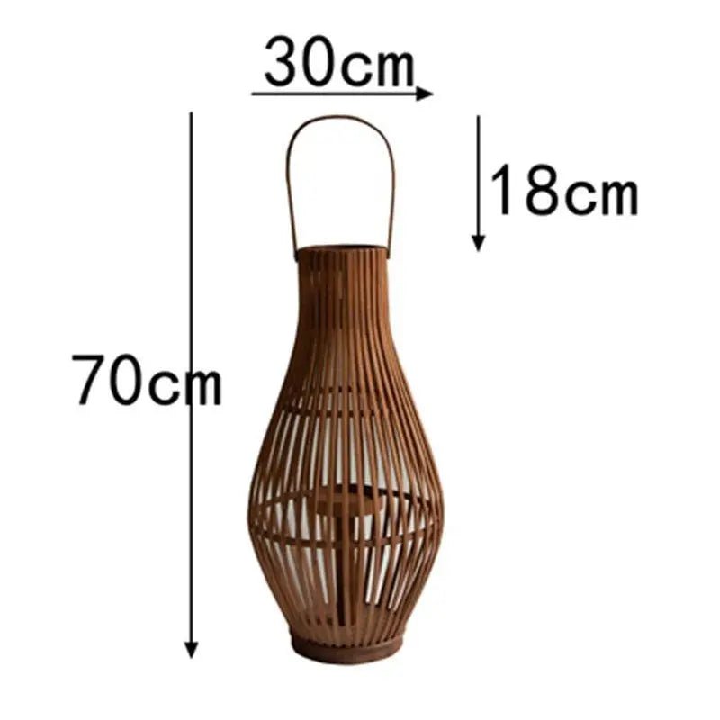 Flameless Candlestick Floor Lantern — Tall Natural Bamboo Frame with Flickering LED Look