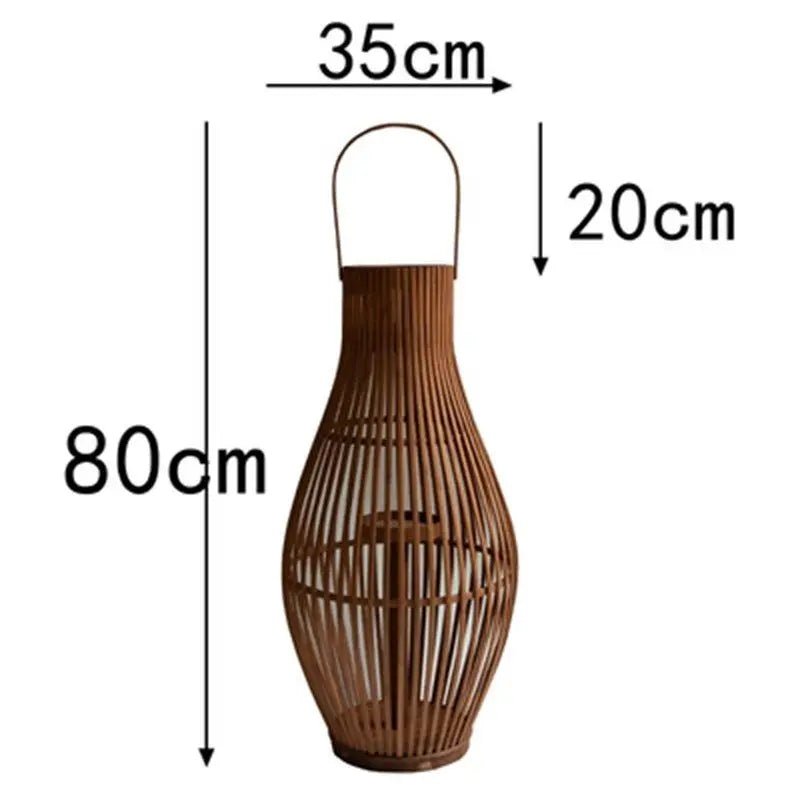 Flameless Candlestick Floor Lantern — Tall Natural Bamboo Frame with Flickering LED Look