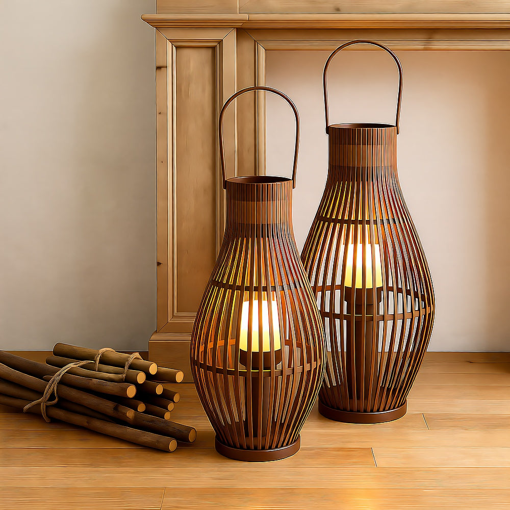 Flameless Candlestick Floor Lantern — Tall Natural Bamboo Frame with Flickering LED Look