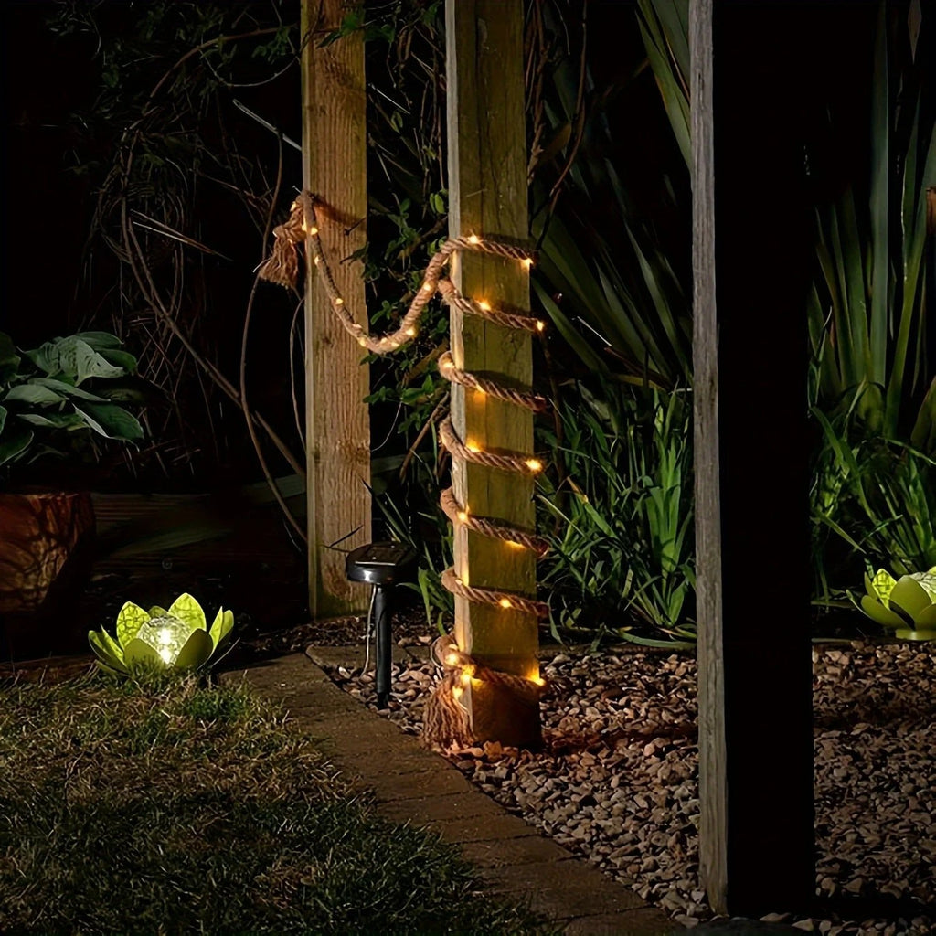 Solar Hemp Rope Light — 100 LED on 5m Natural Rope, Dusk-to-Dawn, IP65