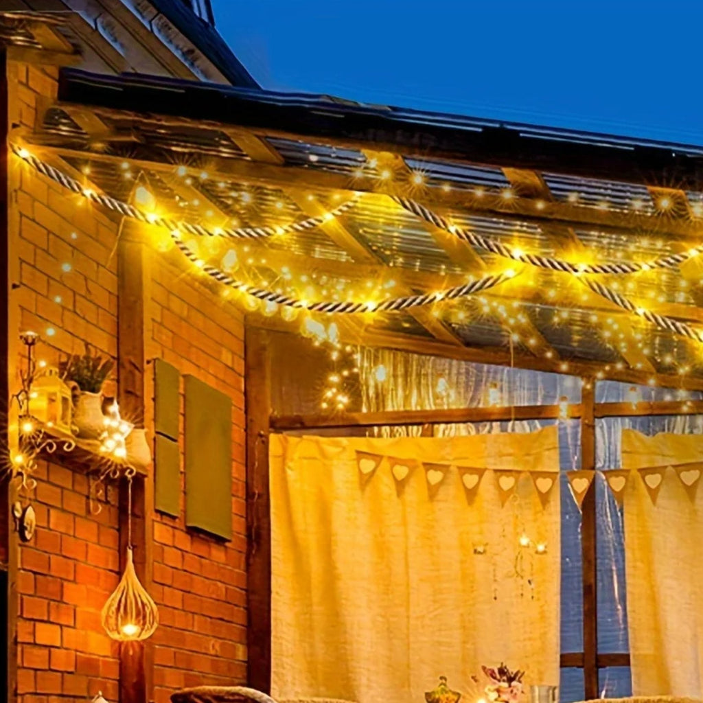 Solar Hemp Rope Light — 100 LED on 5m Natural Rope, Dusk-to-Dawn, IP65