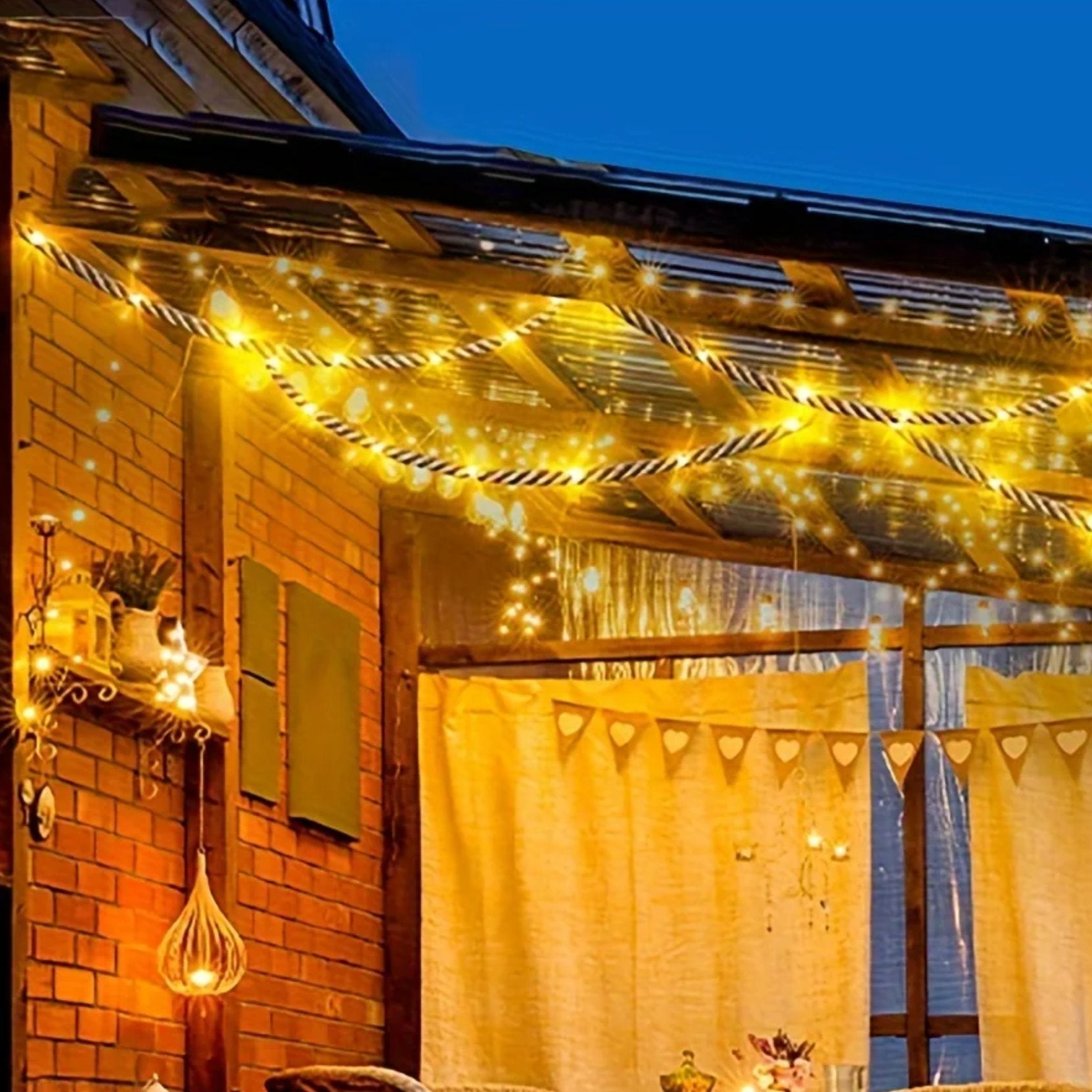 Solar Hemp Rope Light — 100 LED on 5m Natural Rope, Dusk-to-Dawn, IP65