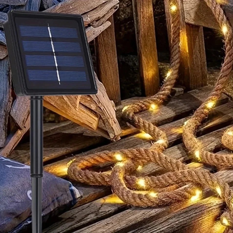 Solar Hemp Rope Light — 100 LED on 5m Natural Rope, Dusk-to-Dawn, IP65