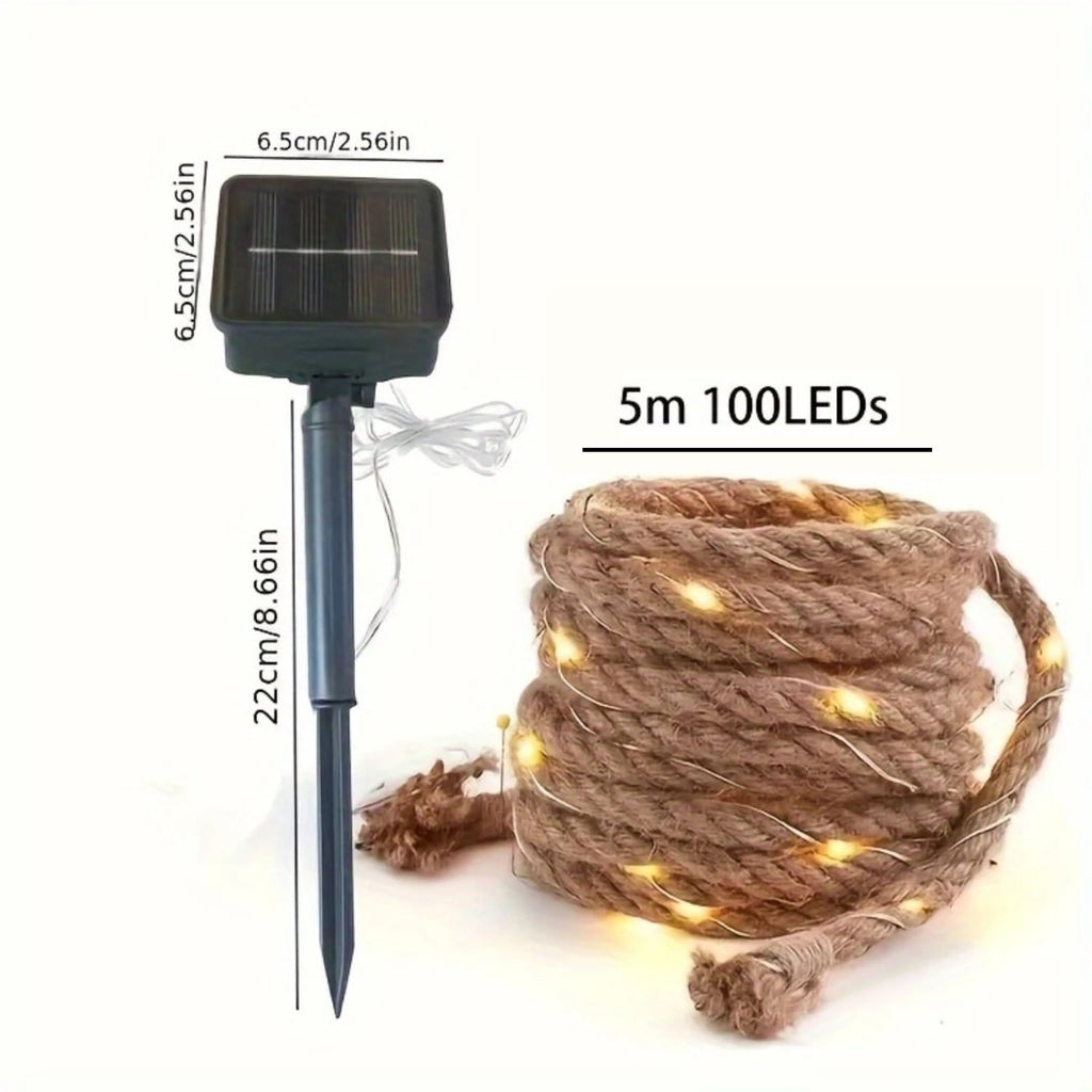 Solar Hemp Rope Light — 100 LED on 5m Natural Rope, Dusk-to-Dawn, IP65