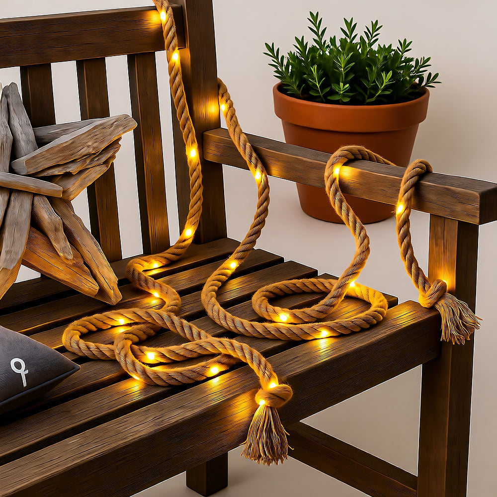 Solar Hemp Rope Light — 100 LED on 5m Natural Rope, Dusk-to-Dawn, IP65