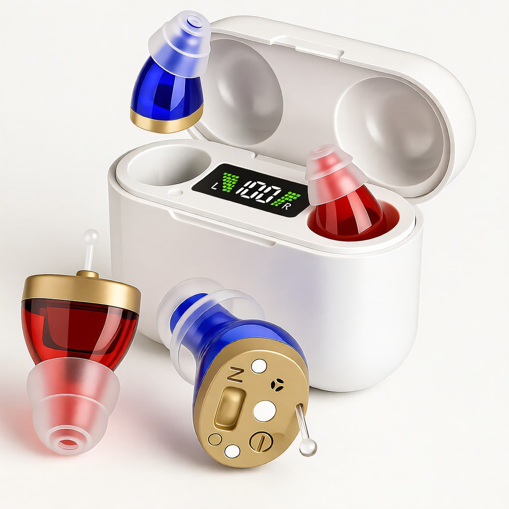 Rechargeable In-Ear Hearing Amplifier — 20-Hour Battery, Volume Control, Charging Case