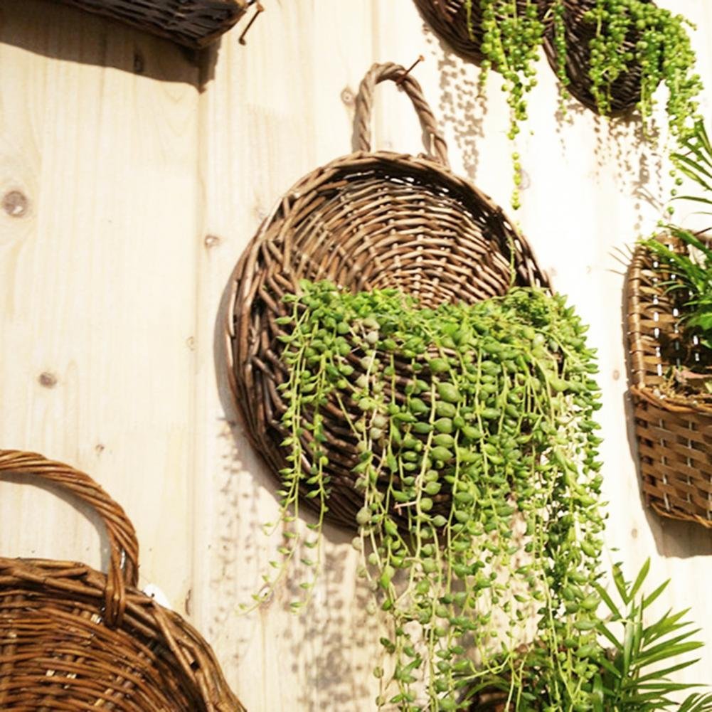 Handwoven Rattan Wall Planter — Boho Hanging Plant Holder, Natural Wood
