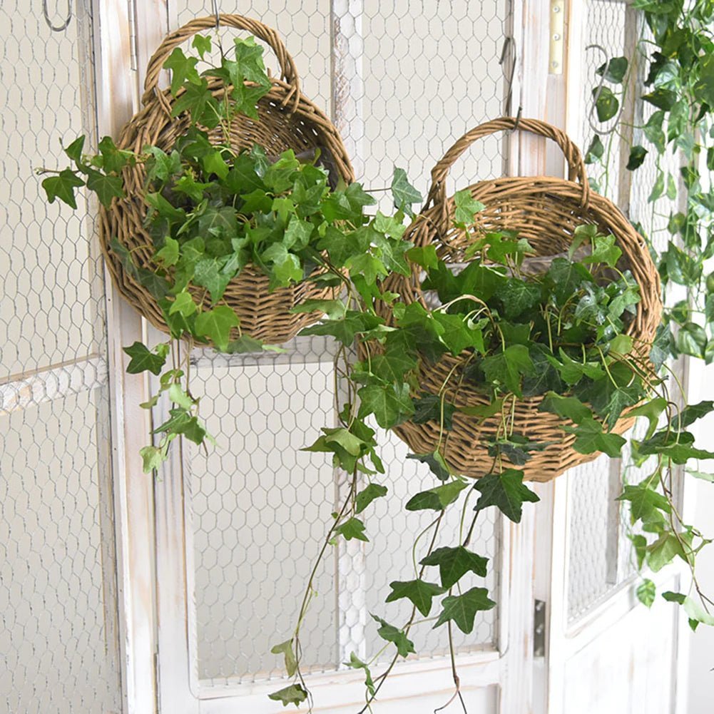 Handwoven Rattan Wall Planter — Boho Hanging Plant Holder, Natural Wood