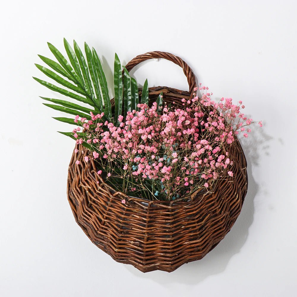 Handwoven Rattan Wall Planter — Boho Hanging Plant Holder, Natural Wood
