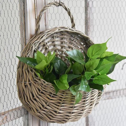 Handwoven Rattan Wall Planter — Boho Hanging Plant Holder, Natural Wood