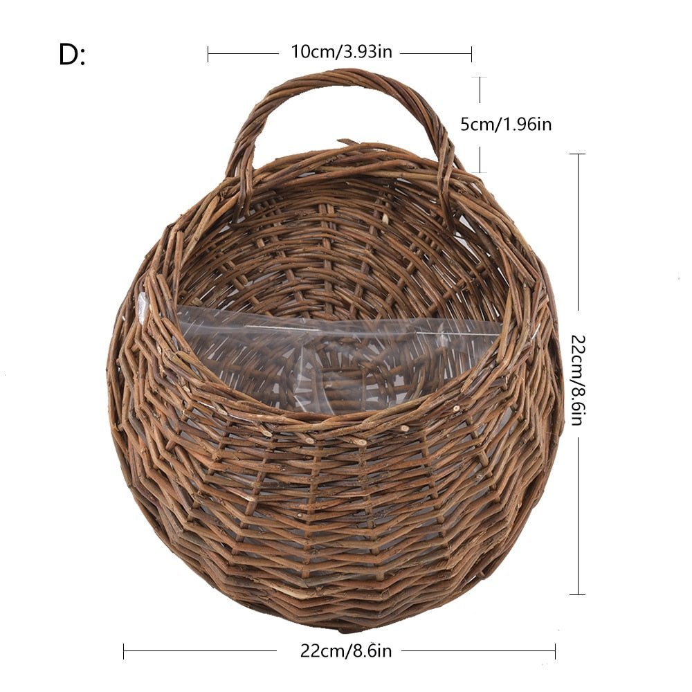 Handwoven Rattan Wall Planter — Boho Hanging Plant Holder, Natural Wood
