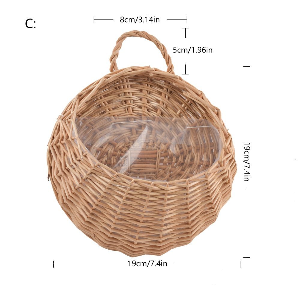 Handwoven Rattan Wall Planter — Boho Hanging Plant Holder, Natural Wood