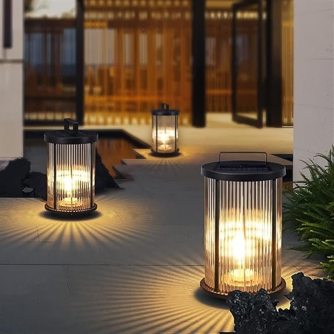 Solar Pleated Glass Lantern — Diffused LED Glow, Aluminum Body, Dusk-to-Dawn, IP55