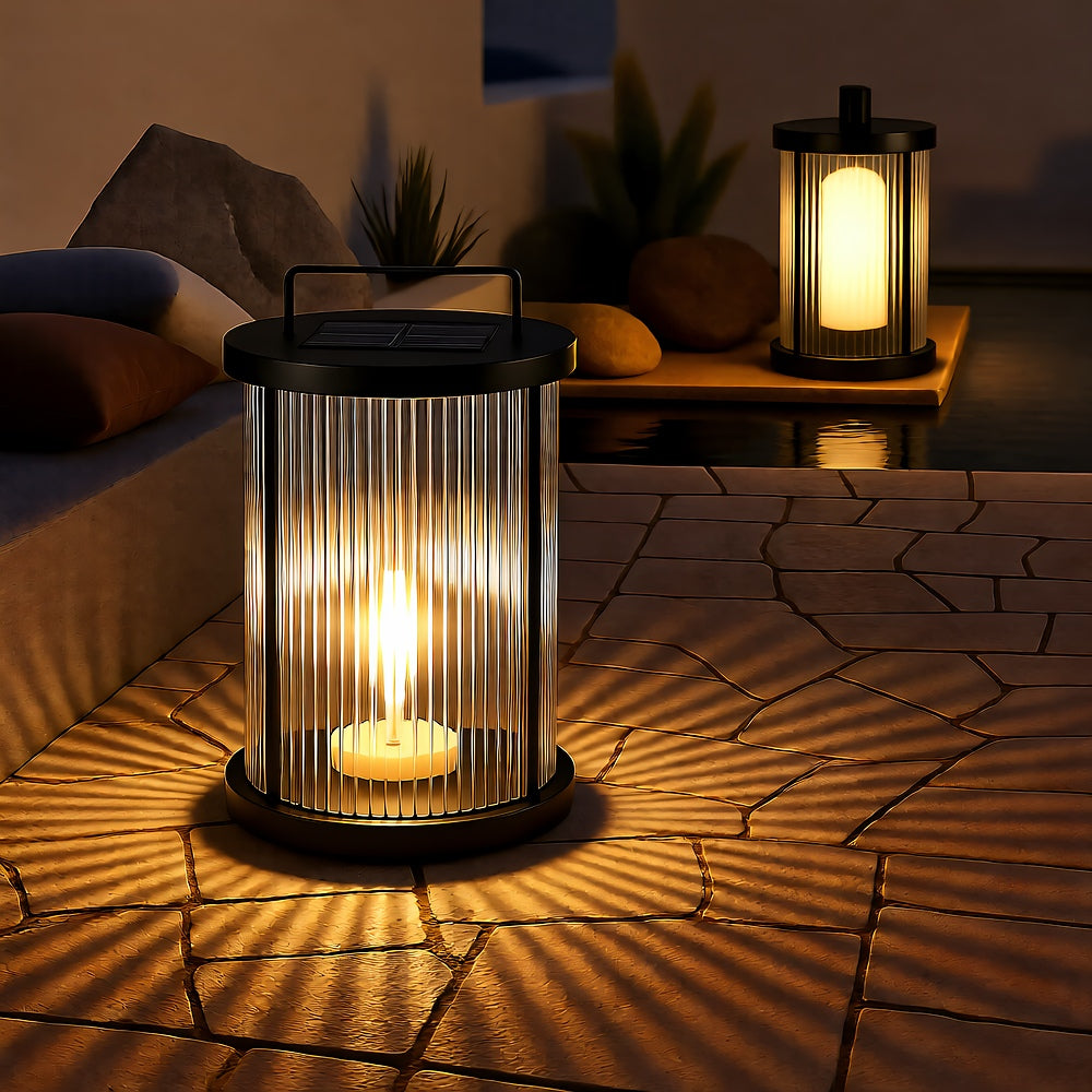 Solar Pleated Glass Lantern — Diffused LED Glow, Aluminum Body, Dusk-to-Dawn, IP55