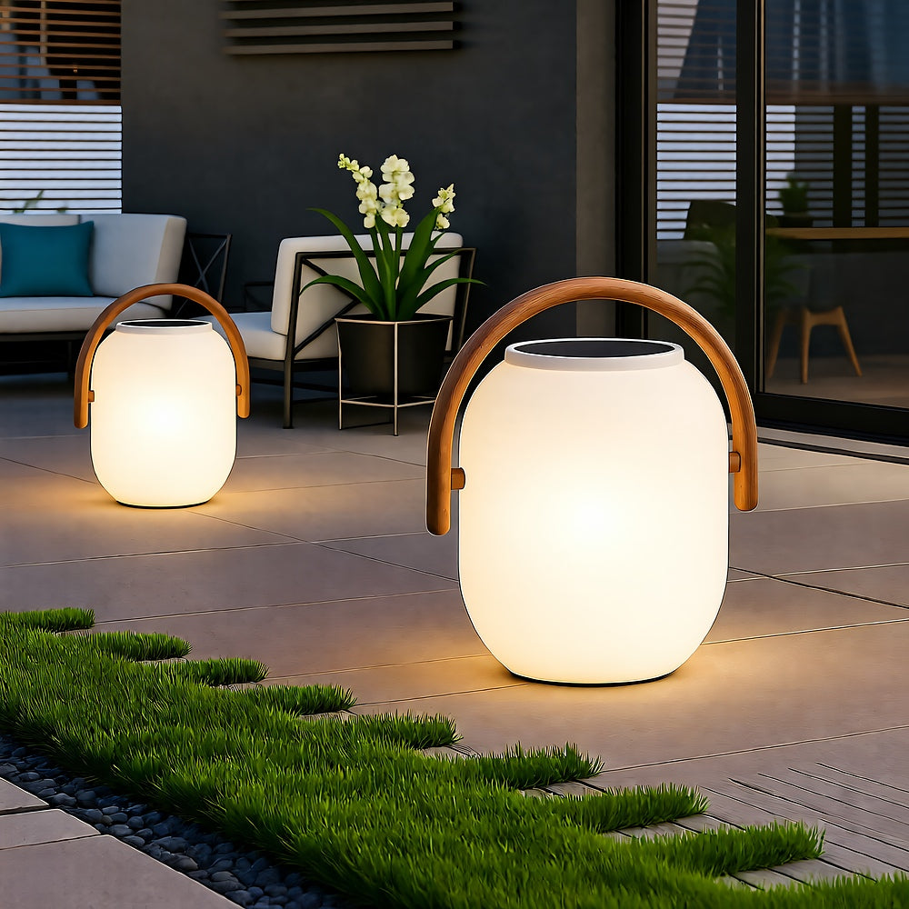 Portable Solar Lantern — Wood & PC with Carry Handle, Dusk-to-Dawn, IP65, 3 Sizes