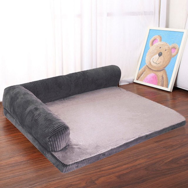 L-Shaped Bolster Dog Lounger — Foam-Filled Base, Velveteen Sleep Surface, Nonslip Bottom, Washable