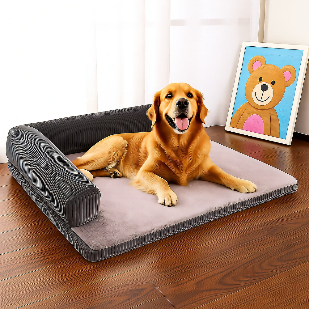 L-Shaped Bolster Dog Lounger — Foam-Filled Base, Velveteen Sleep Surface, Nonslip Bottom, Washable