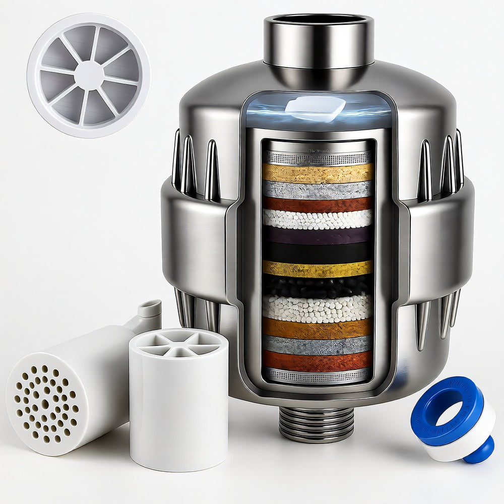 20-Stage Shower Filter — Universal Fit with 3 Cartridges, Tool-Free Install, Reduces Chlorine & Sediment