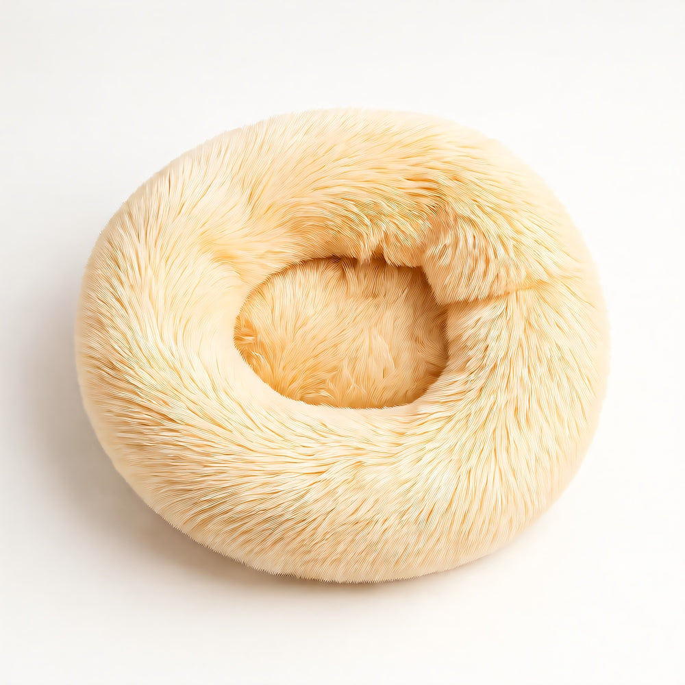 Cloud Donut Dog Bed — Calming Plush Vegan Fur with Raised Rim & Anti-Slip Base, Machine Washable