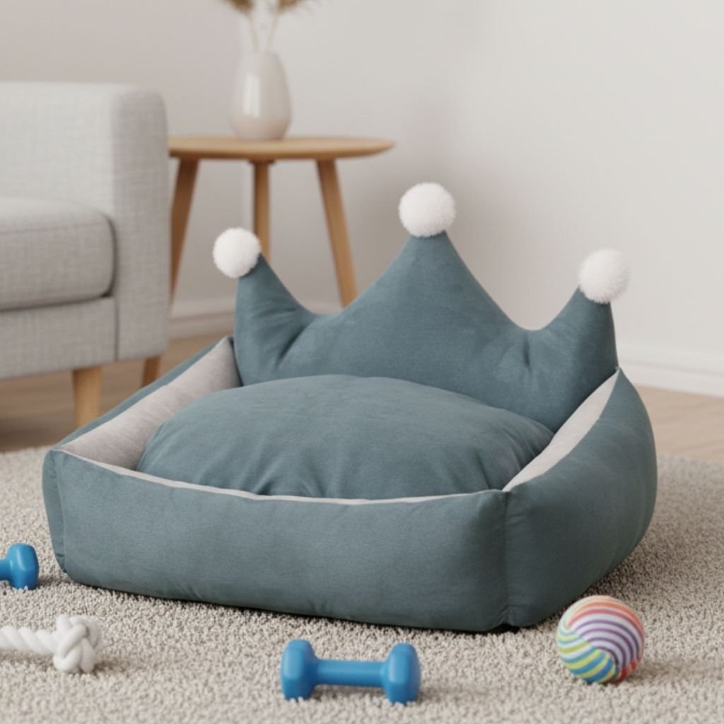 Leo Crown Dog Bed — Suede & Crystal Velvet with High Bolster Sides, S–XL