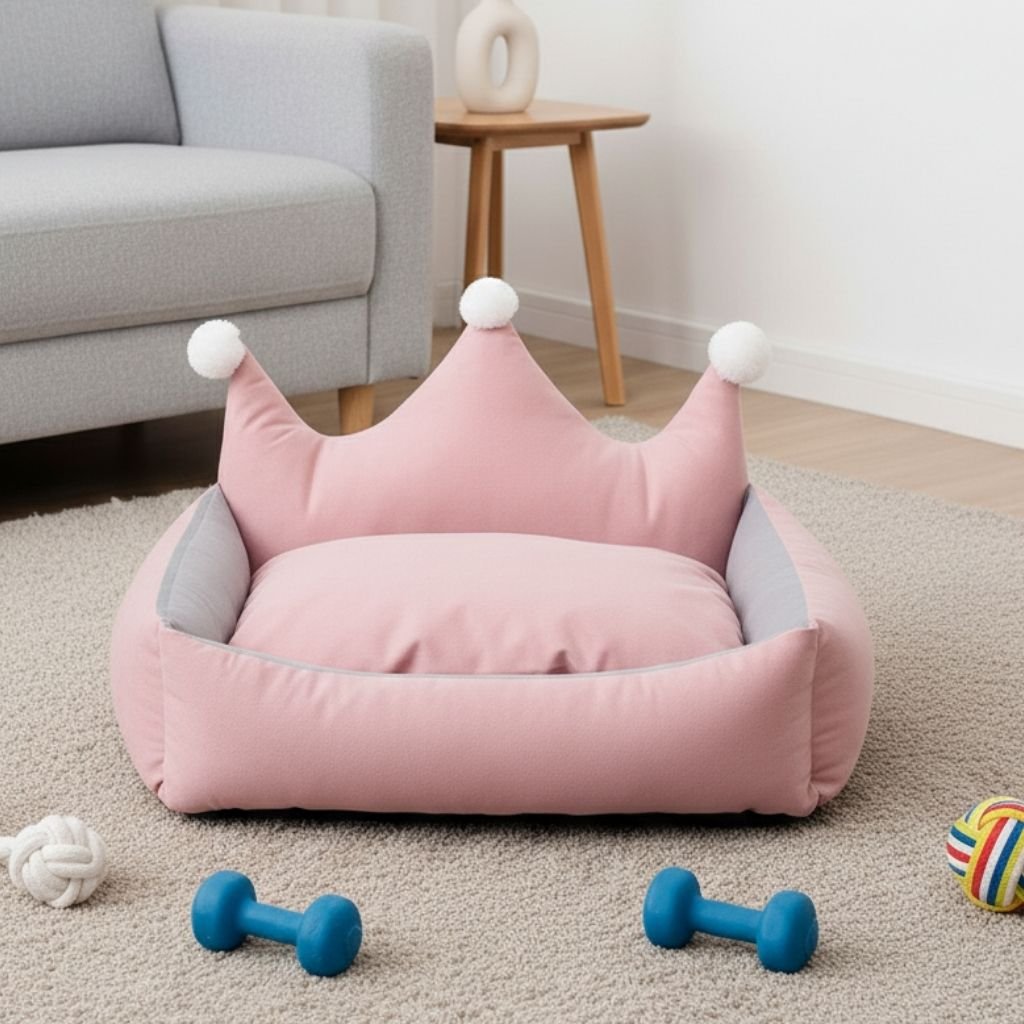 Leo Crown Dog Bed — Suede & Crystal Velvet with High Bolster Sides, S–XL